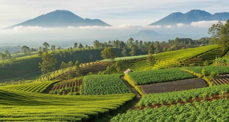 Pemandangan lahan pertanian dengan latar belakang gunung
