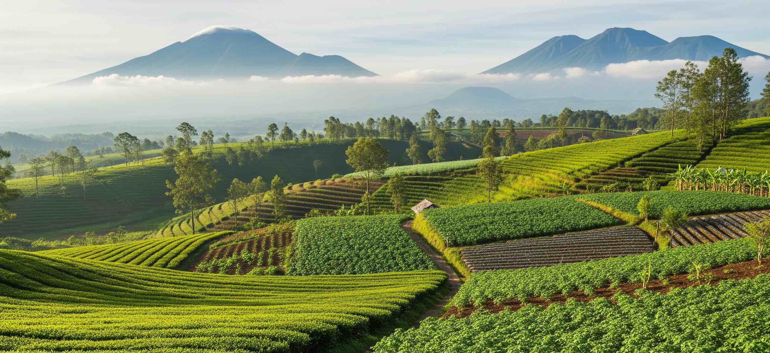 Pemandangan lahan pertanian dengan latar belakang gunung